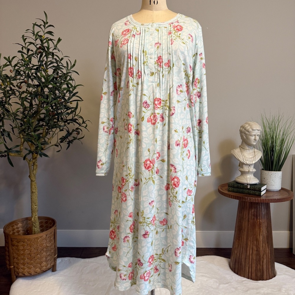Carole Hochman Cottagecore Floral Maxi Nightgown S Pink Rose Long Sleeves NWT